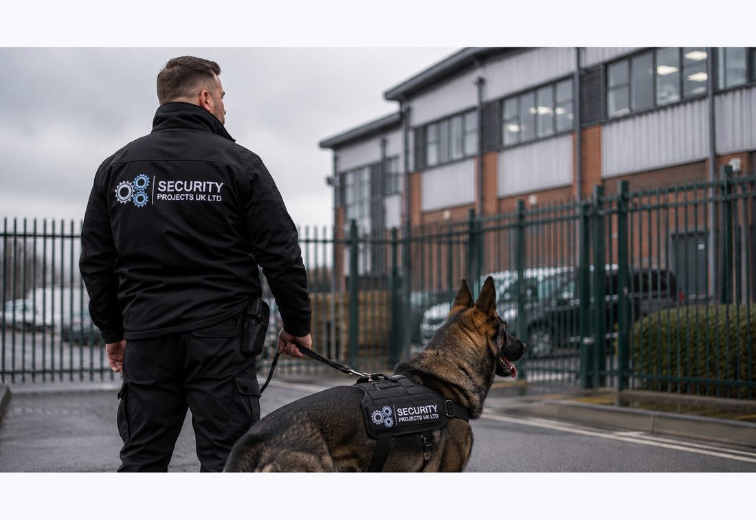 Security Projects UK canine handler with branded German Shepherd at a site gate