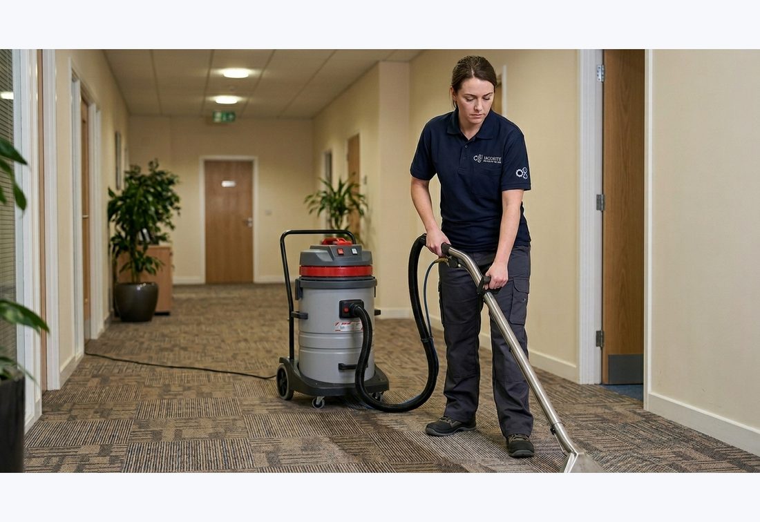 Cleaning operative using a wet-extraction unit on an office carpet