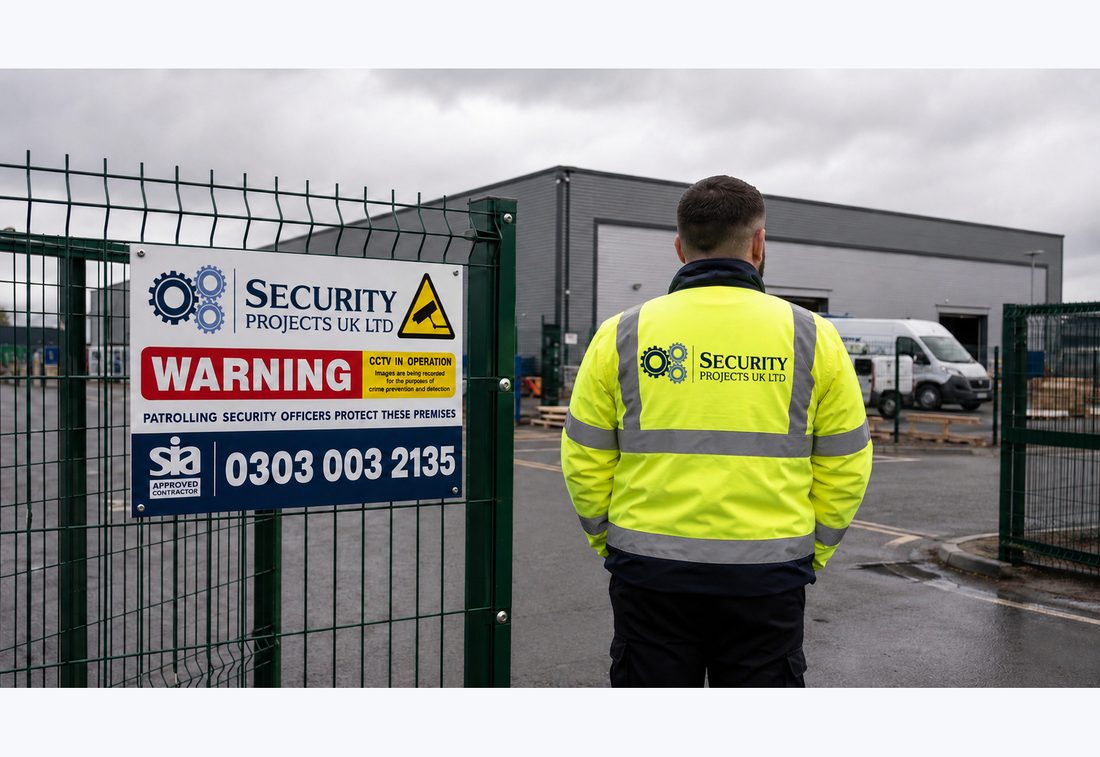 Security Projects UK officer at a fenced site entrance with SP UK signage