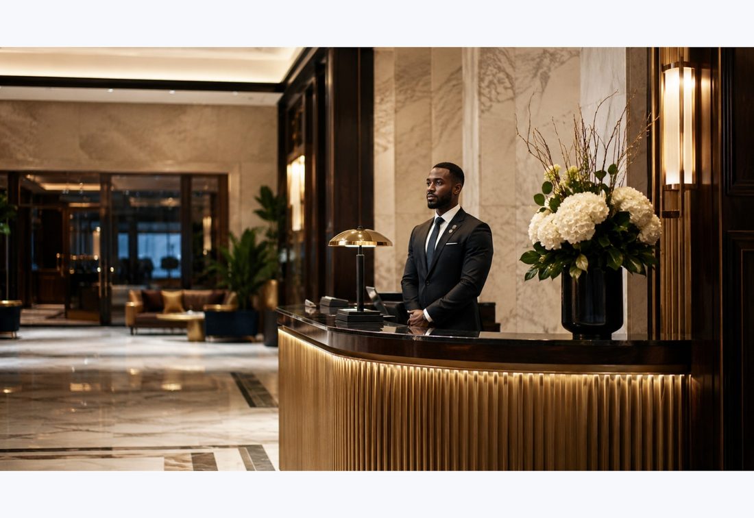 Sharp-suited hotel security officer at a five-star reception desk