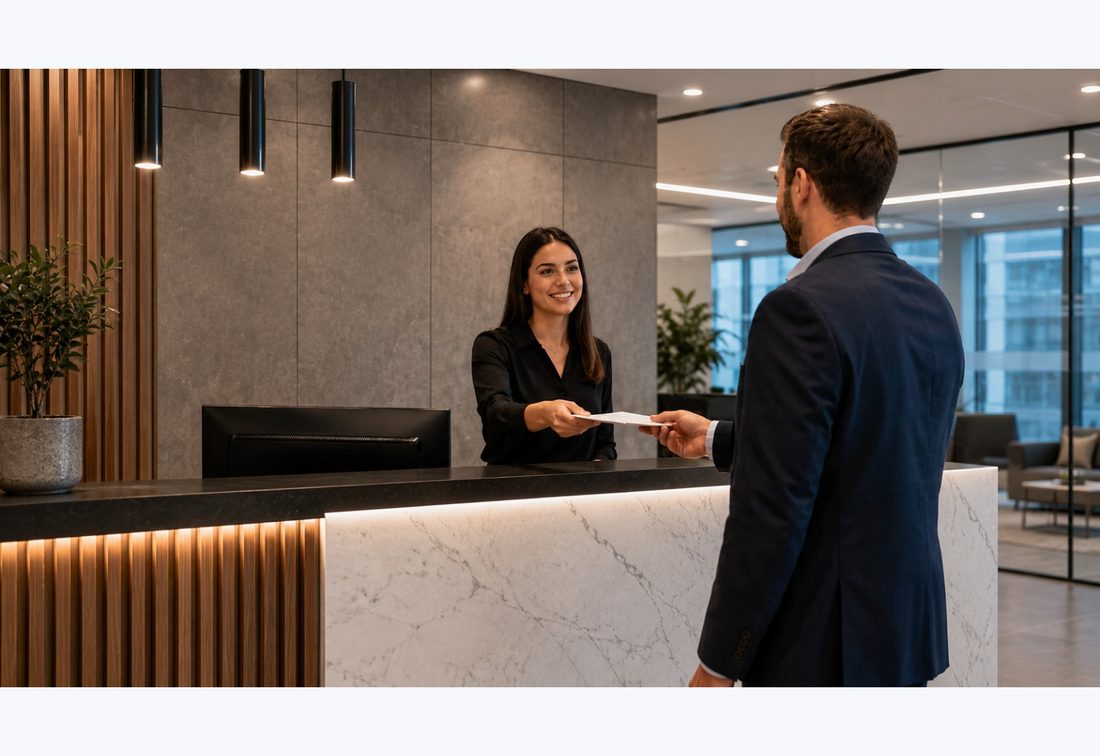 Concierge greeting a corporate visitor at a marble reception desk