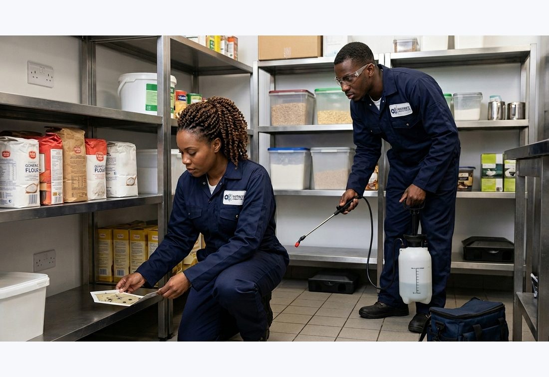 Security Projects UK pest control technicians inspecting and treating a food storage area