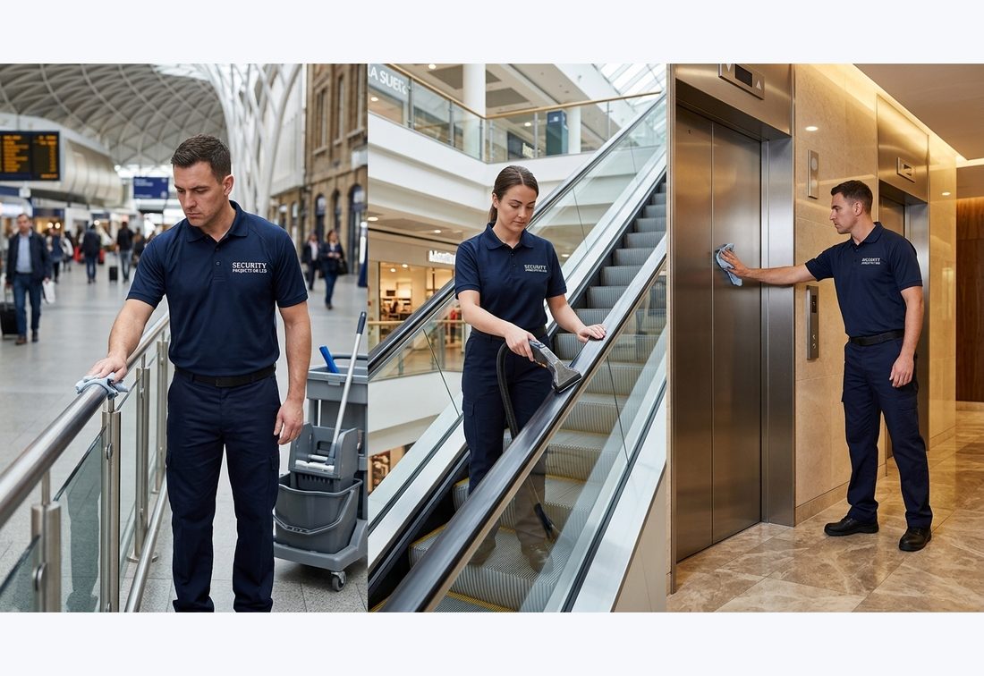 Security Projects UK cleaning team across concourse, escalator and lift contexts